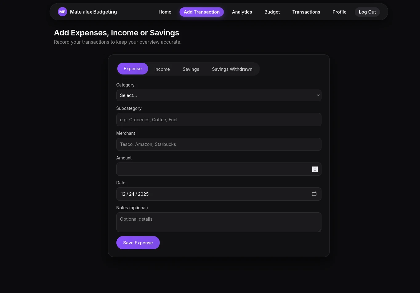 Budgeting App add expense workflow